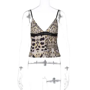 Leopard Print Slim Open Back Tank Top for Women V-Neck Stitch Slim Retro Camis Casual Y2K Streetwear