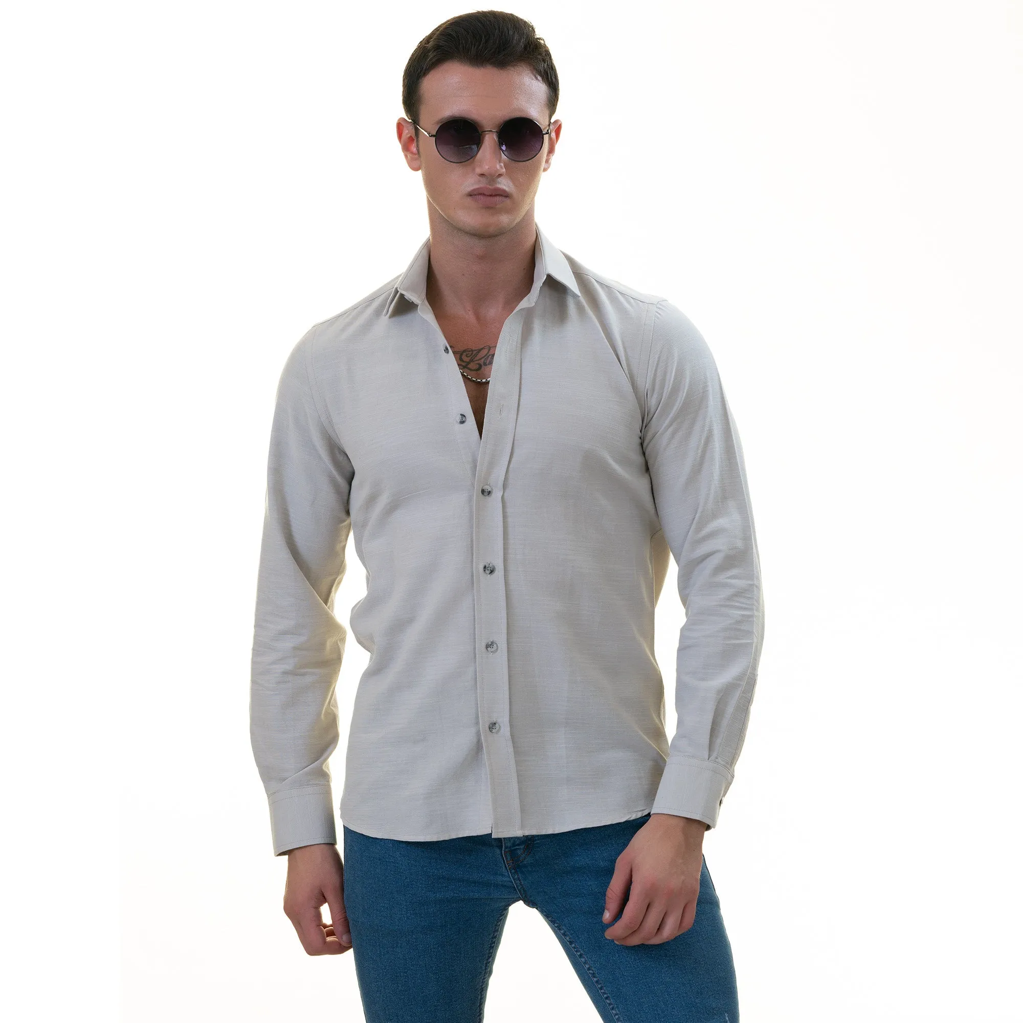 Light Gray Luxury Men's Tailor Fit Button Up European Made Linen Shirts