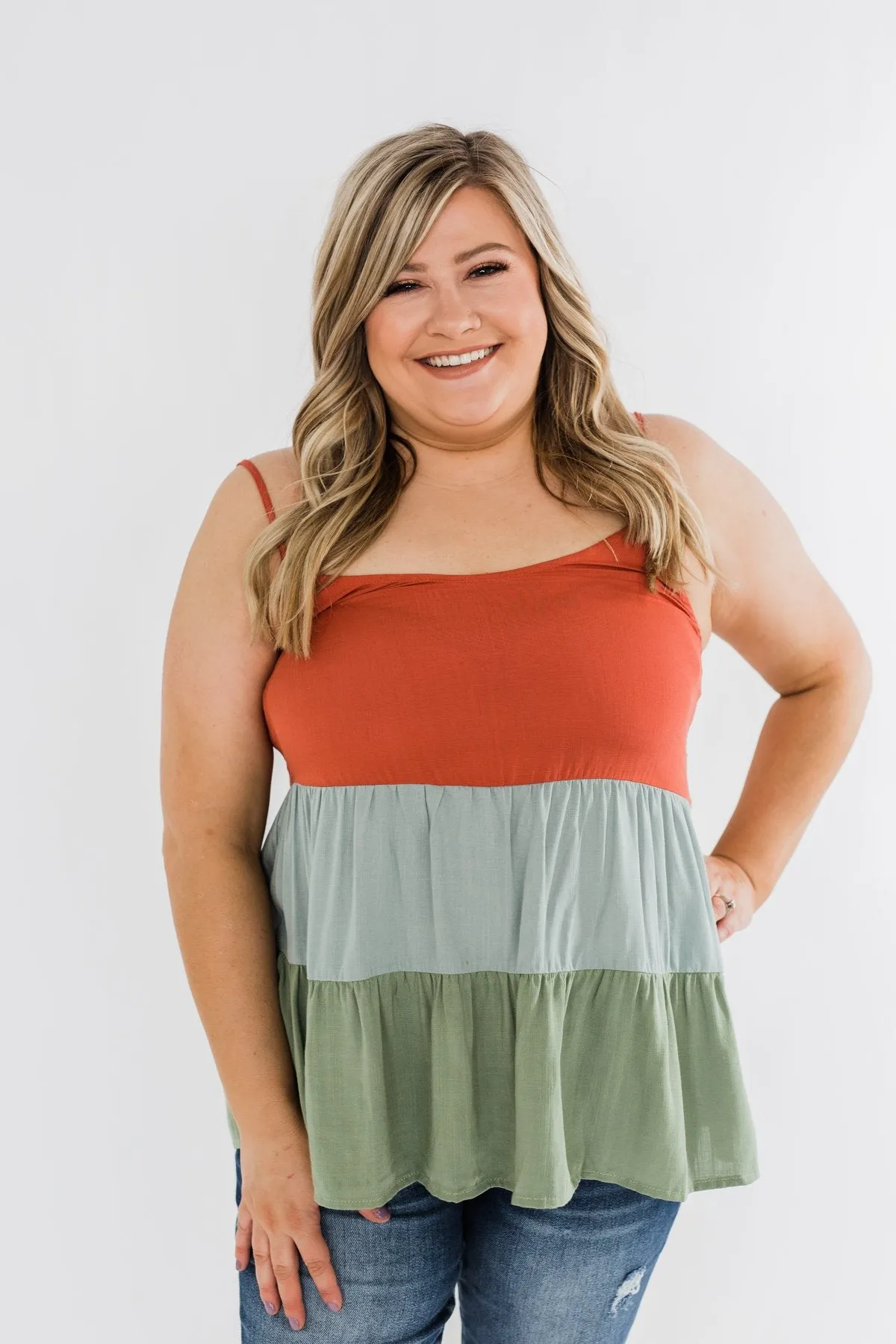 Lingering Feelings Color Block Tank Top- Rust, Slate Blue, & Green