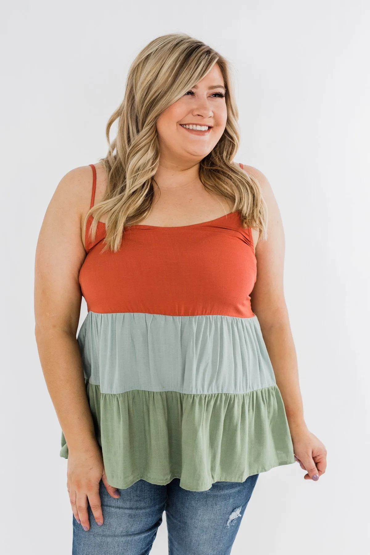 Lingering Feelings Color Block Tank Top- Rust, Slate Blue, & Green