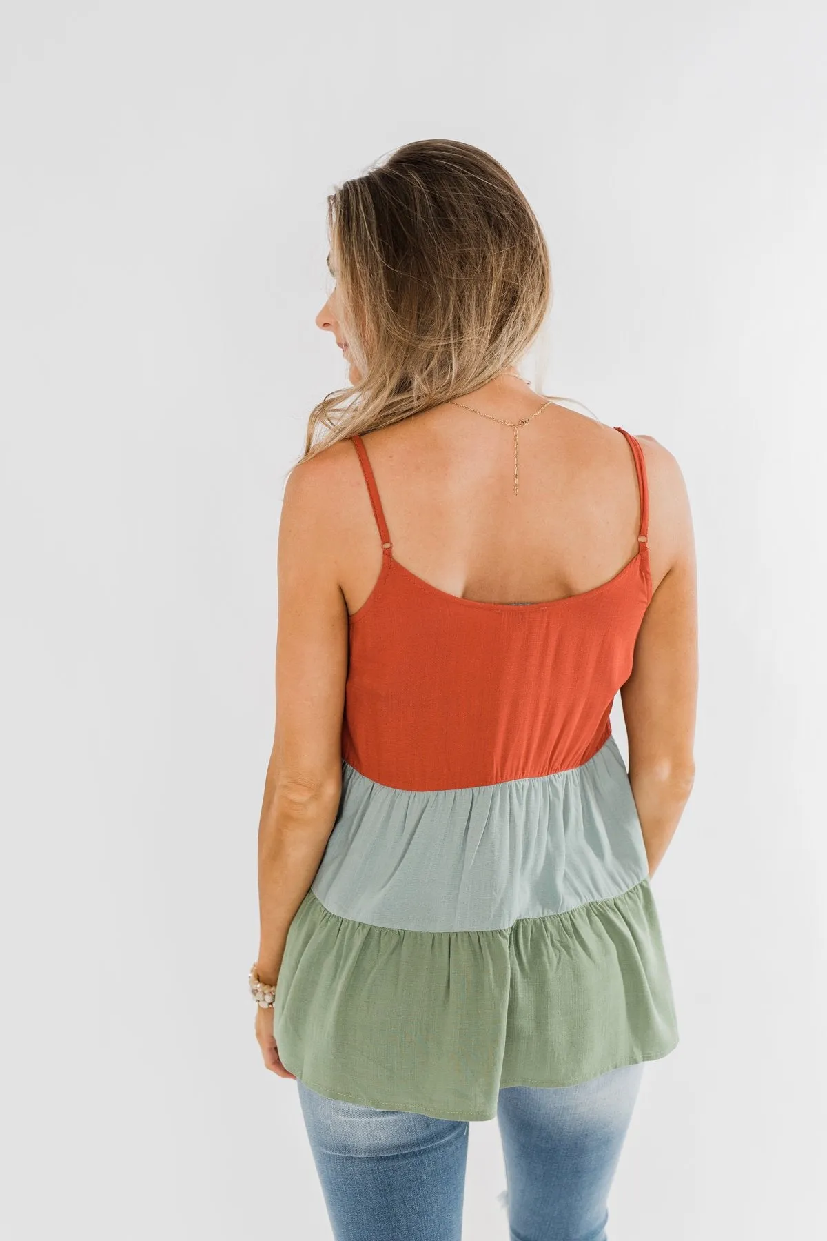 Lingering Feelings Color Block Tank Top- Rust, Slate Blue, & Green