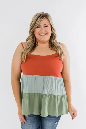 Lingering Feelings Color Block Tank Top- Rust, Slate Blue, & Green