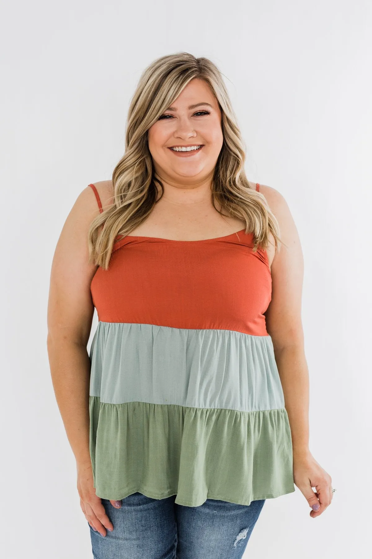 Lingering Feelings Color Block Tank Top- Rust, Slate Blue, & Green