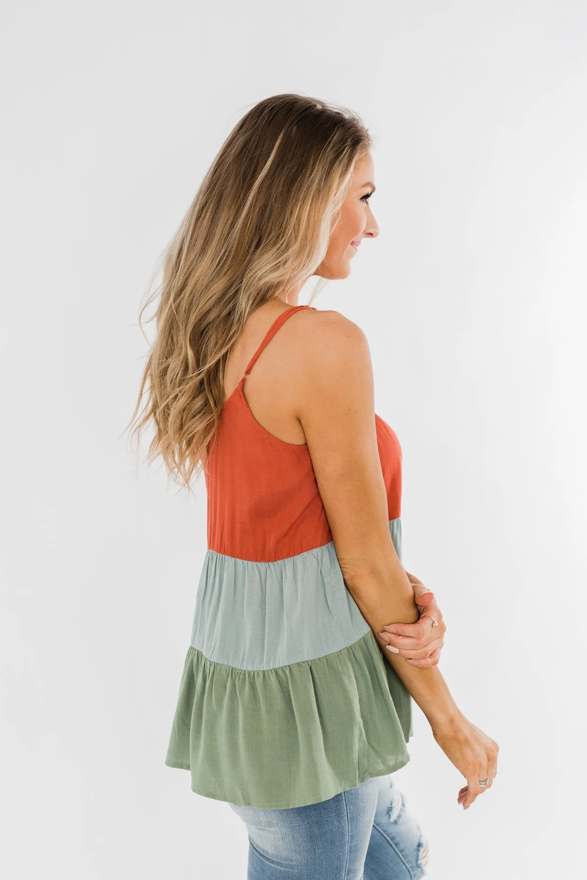 Lingering Feelings Color Block Tank Top- Rust, Slate Blue, & Green