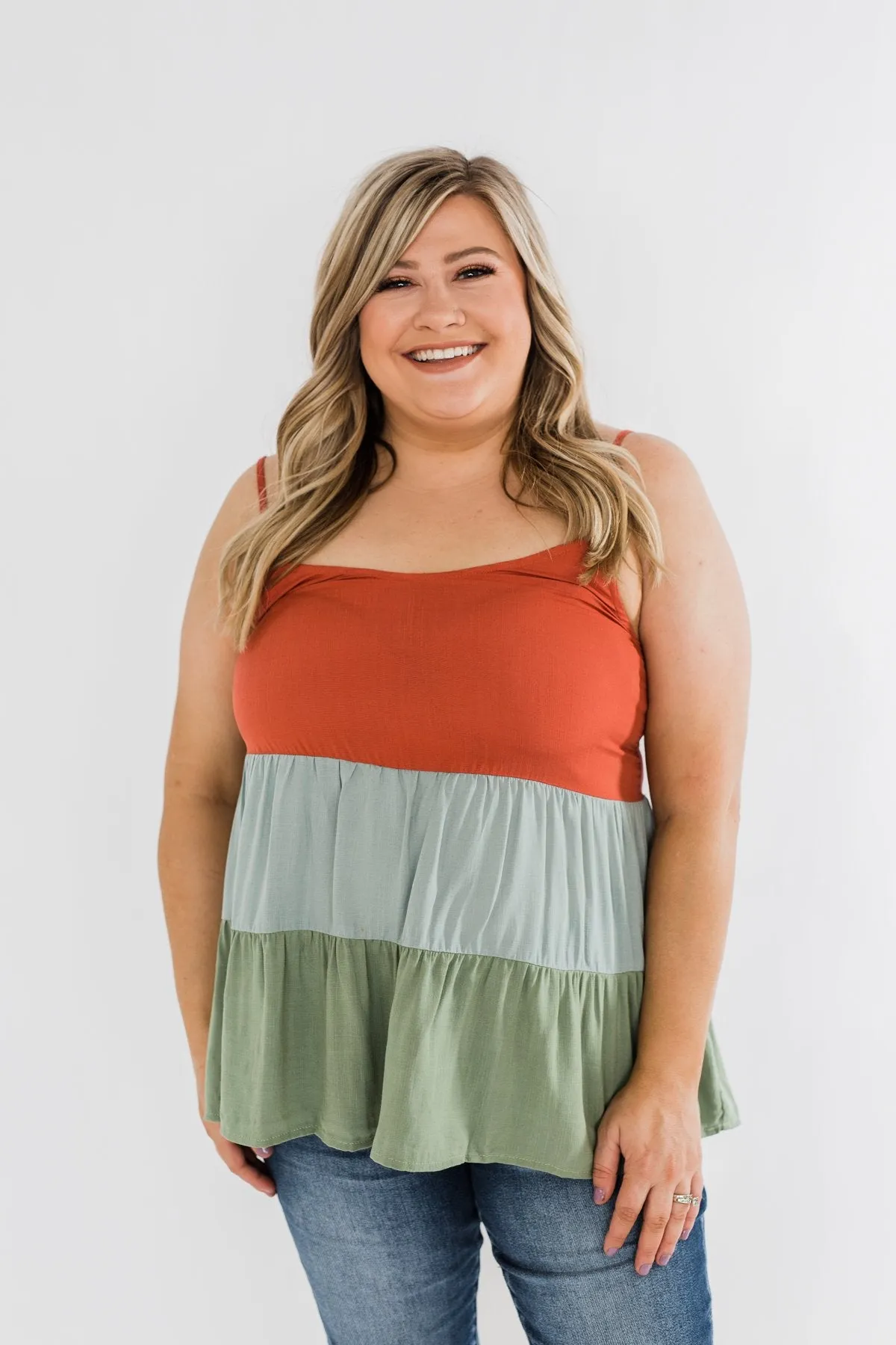 Lingering Feelings Color Block Tank Top- Rust, Slate Blue, & Green