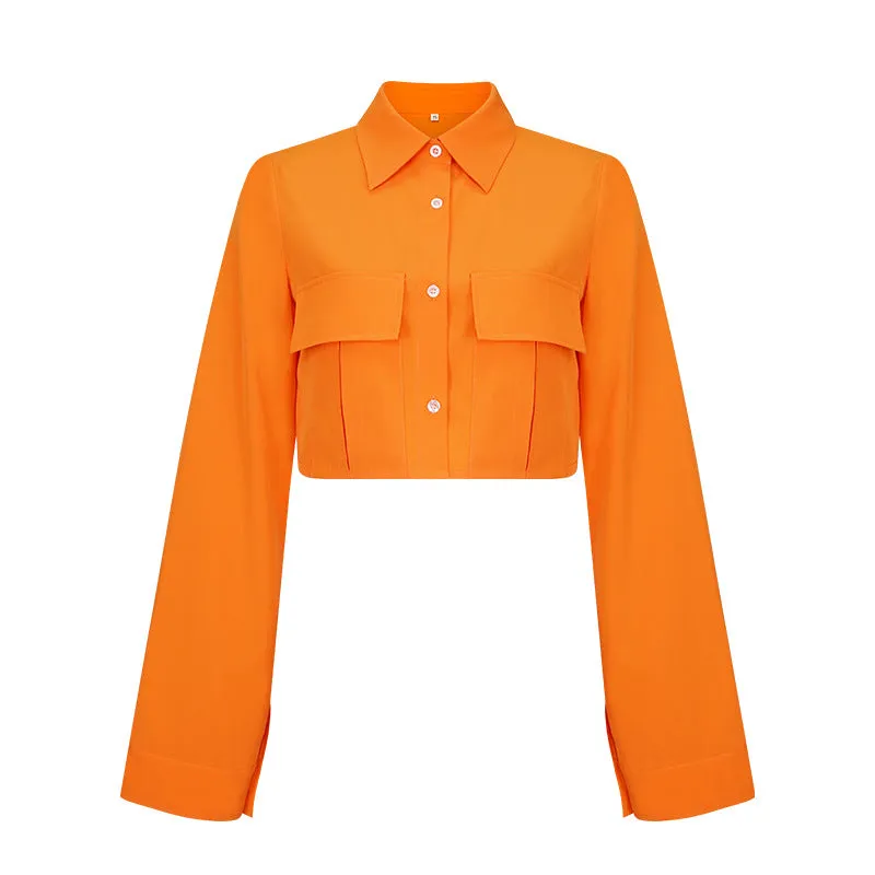 Long Sleeve Collared Button Up Crop Top