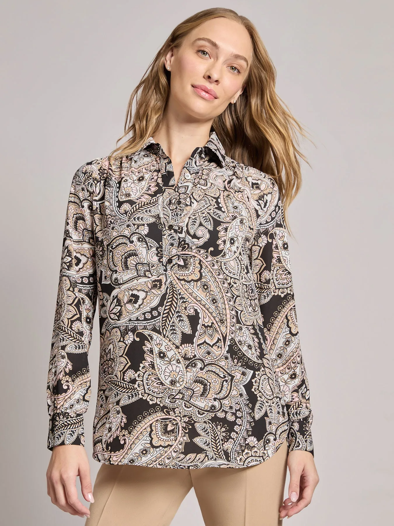 Long Sleeve Collared Popover Blouse, Jasper Crepe