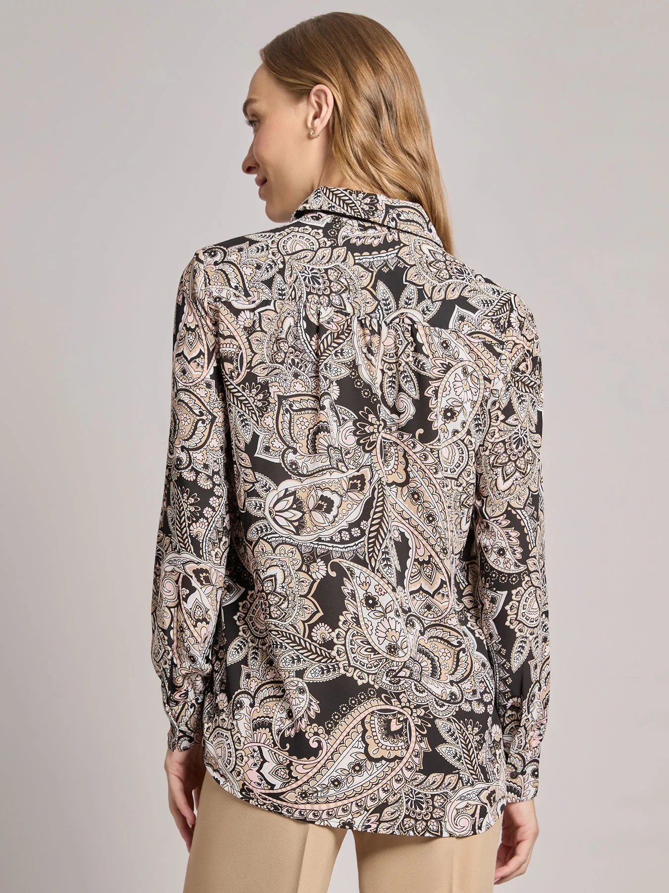 Long Sleeve Collared Popover Blouse, Jasper Crepe
