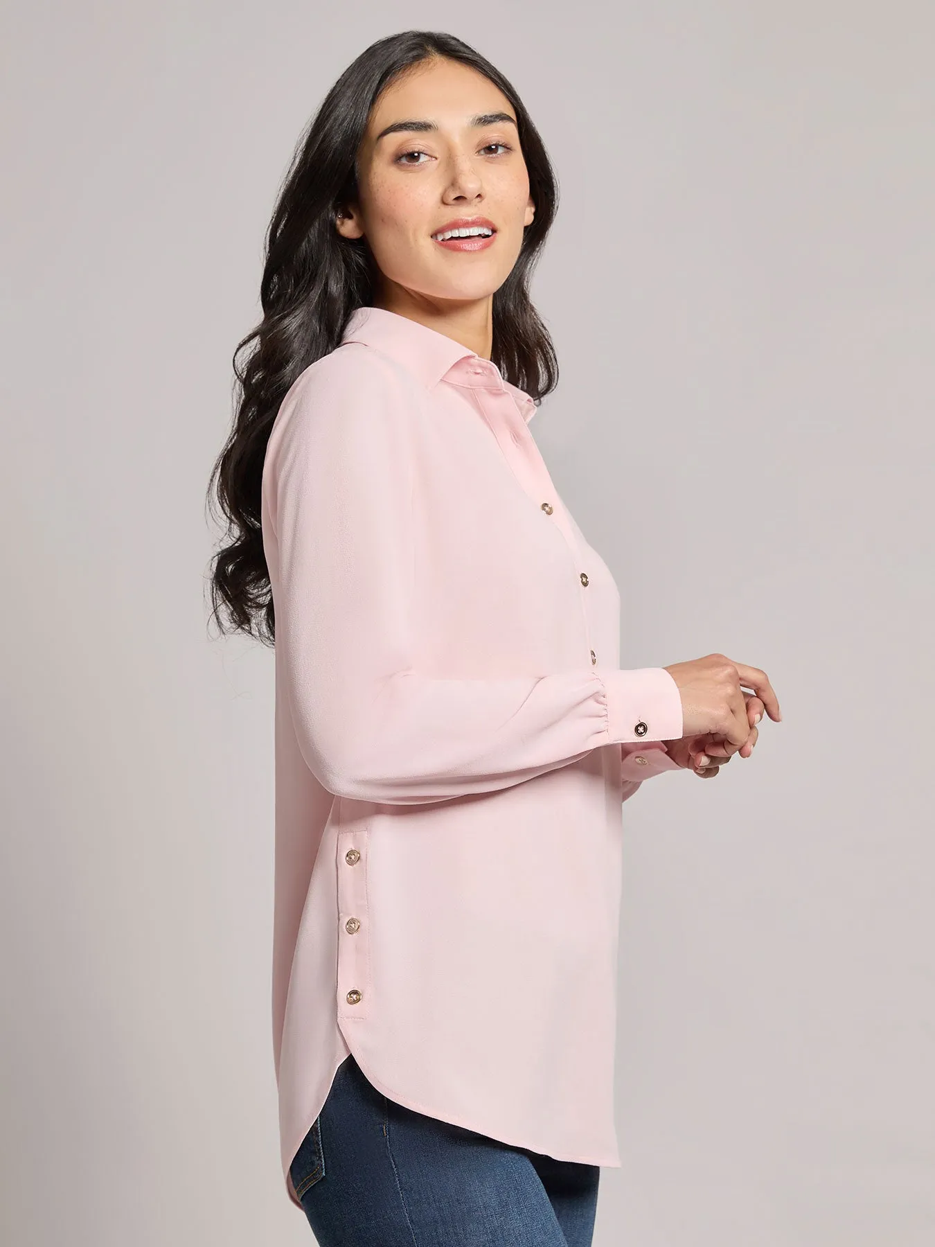Long Sleeve Collared Popover Blouse, Jasper Crepe