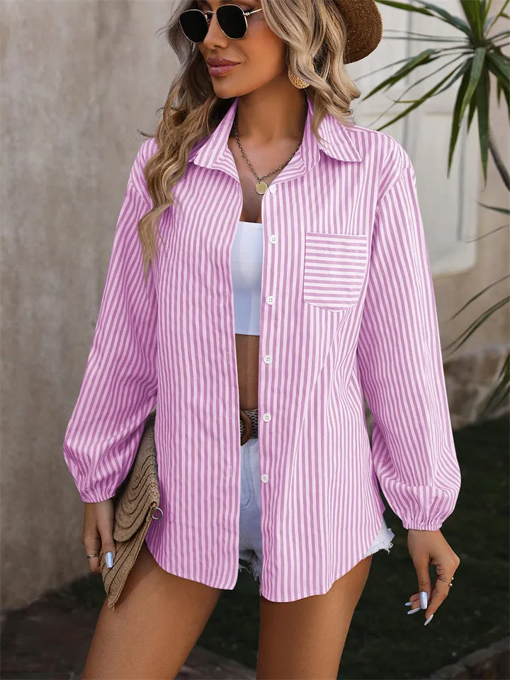 Long Sleeve Striped Button Up Blouses for Ladies