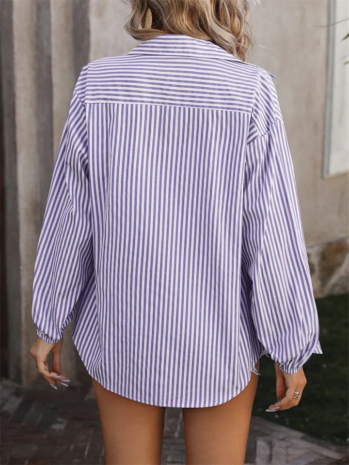 Long Sleeve Striped Button Up Blouses for Ladies