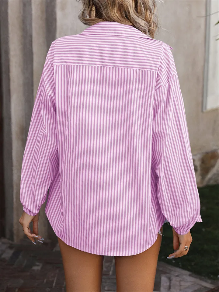 Long Sleeve Striped Button Up Blouses for Ladies