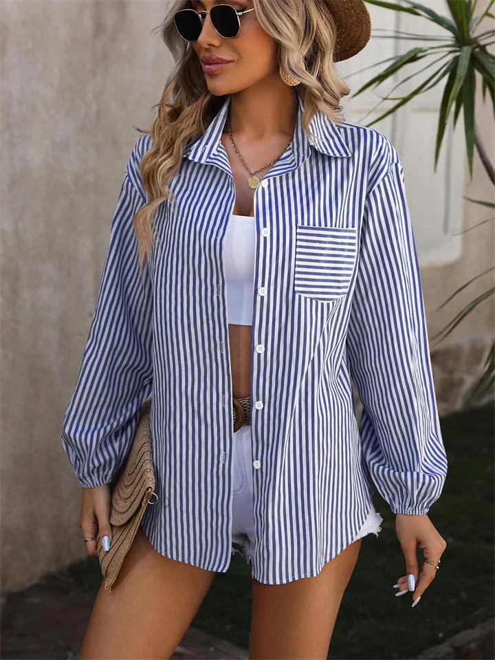 Long Sleeve Striped Button Up Blouses for Ladies