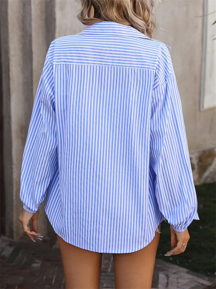 Long Sleeve Striped Button Up Blouses for Ladies