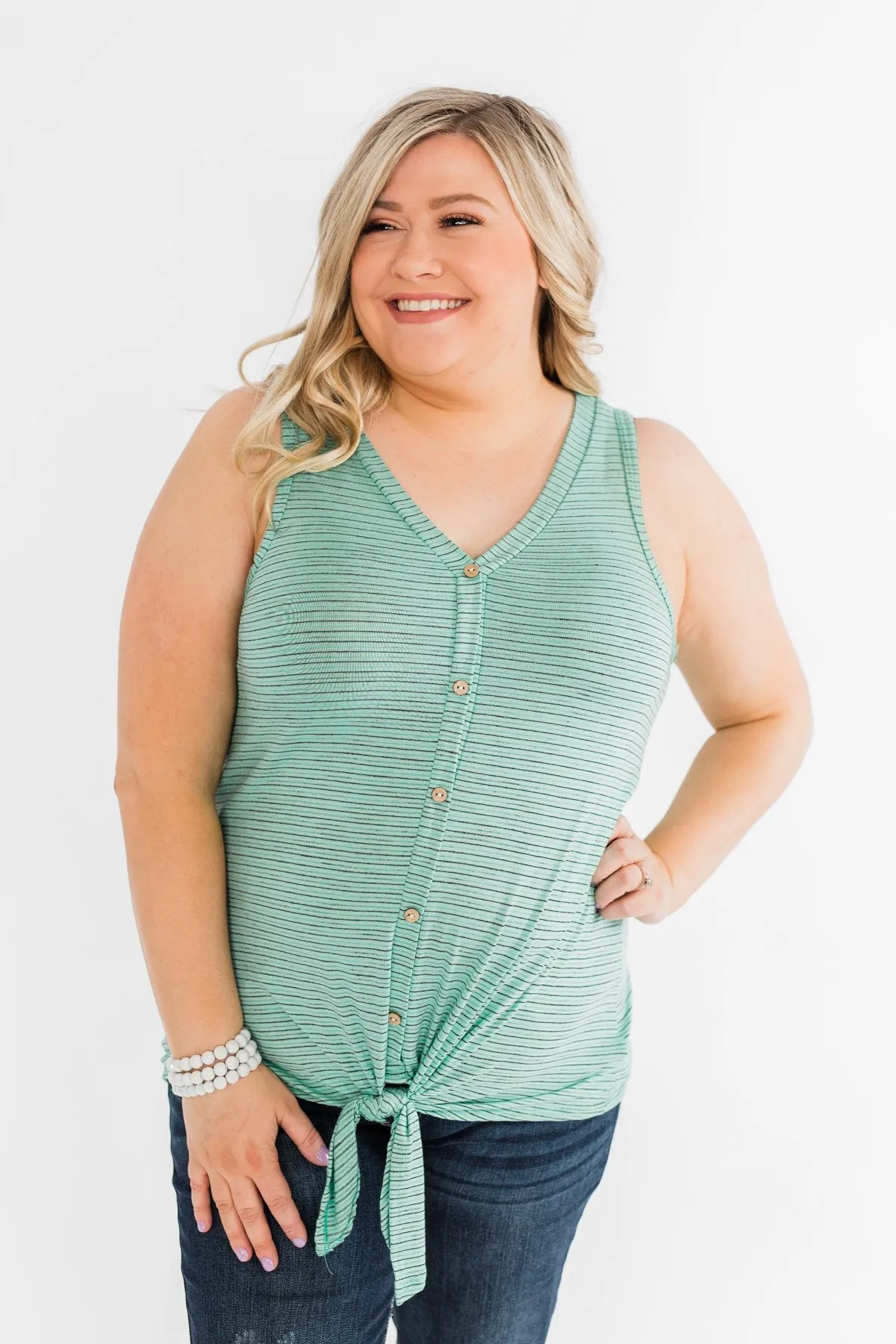 Love Has A Way Striped Tie Tank Top- Mint