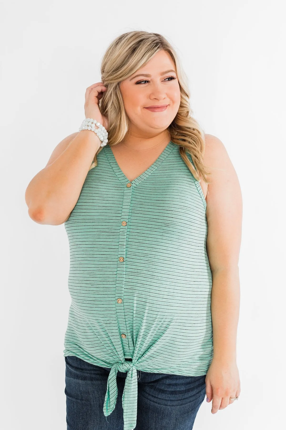 Love Has A Way Striped Tie Tank Top- Mint