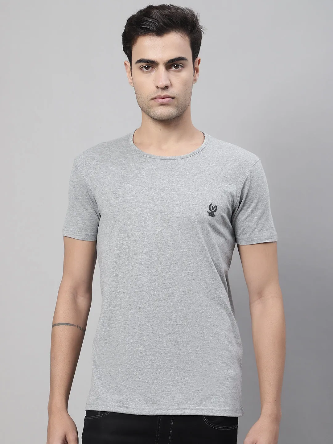 Mack Jonney Round Neck Cotton Solid Grey Melange T-Shirt for Men