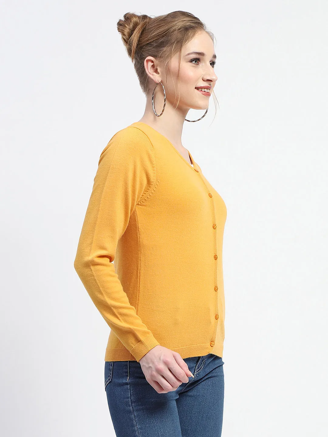 Madame Crew Neck Solid Mustard Yellow Button Down Full Sleeve Cardigan