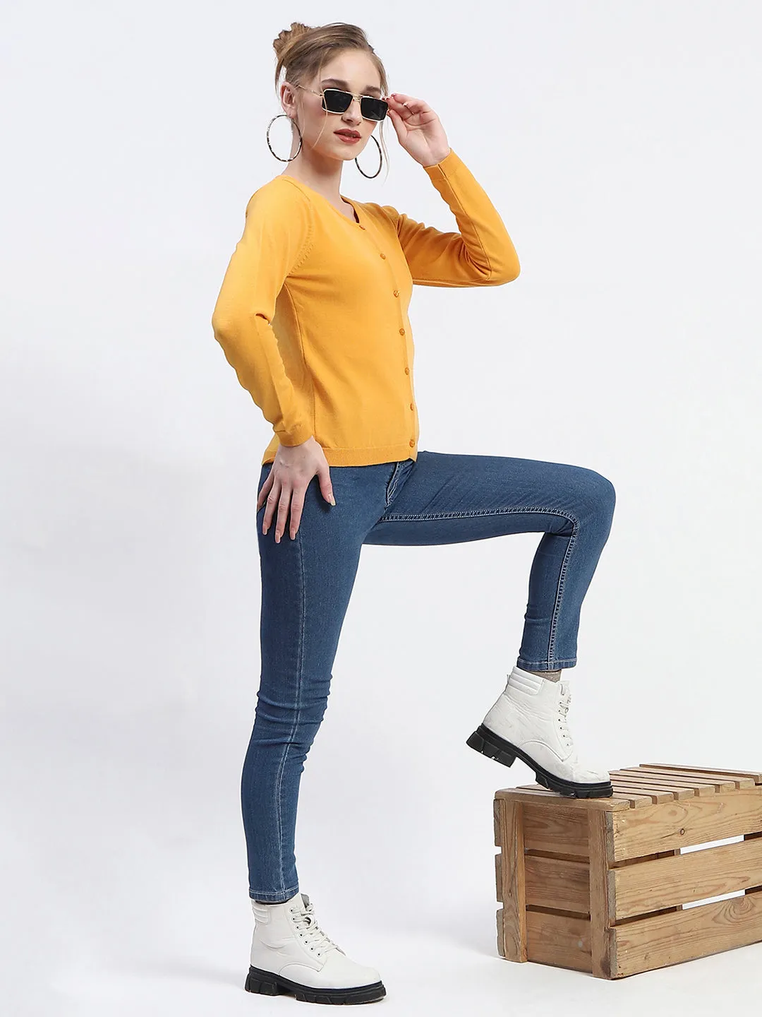 Madame Crew Neck Solid Mustard Yellow Button Down Full Sleeve Cardigan