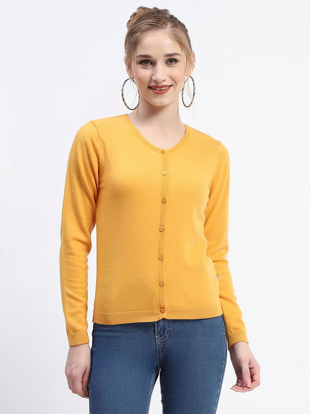 Madame Crew Neck Solid Mustard Yellow Button Down Full Sleeve Cardigan