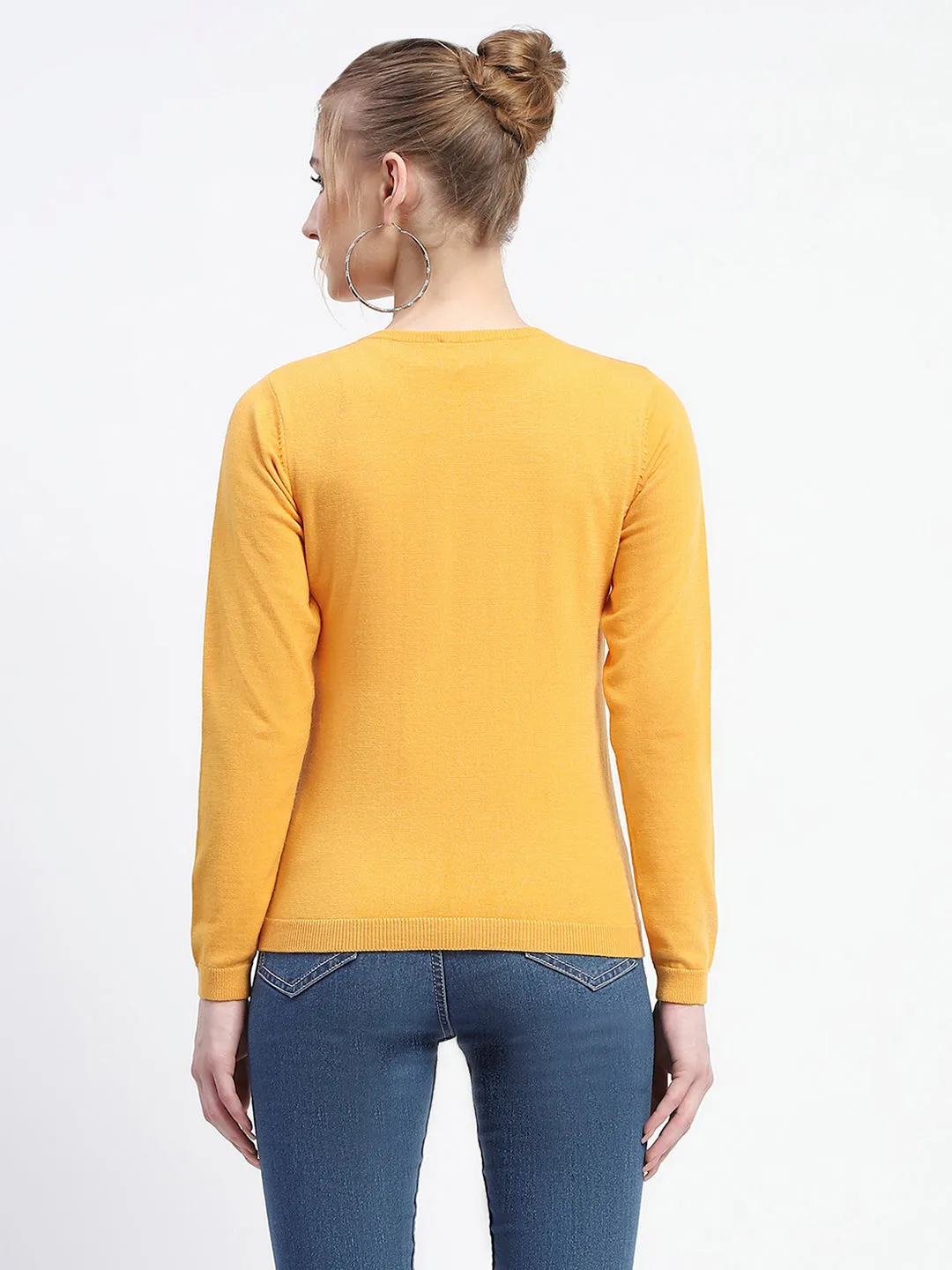 Madame Crew Neck Solid Mustard Yellow Button Down Full Sleeve Cardigan