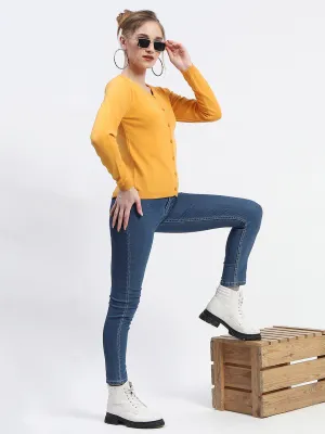 Madame Crew Neck Solid Mustard Yellow Button Down Full Sleeve Cardigan