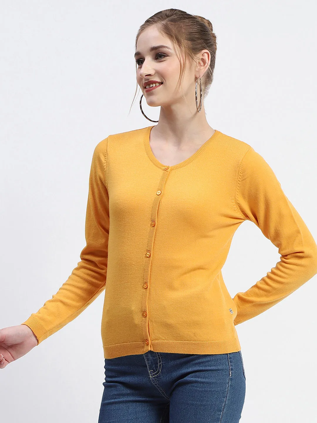 Madame Crew Neck Solid Mustard Yellow Button Down Full Sleeve Cardigan
