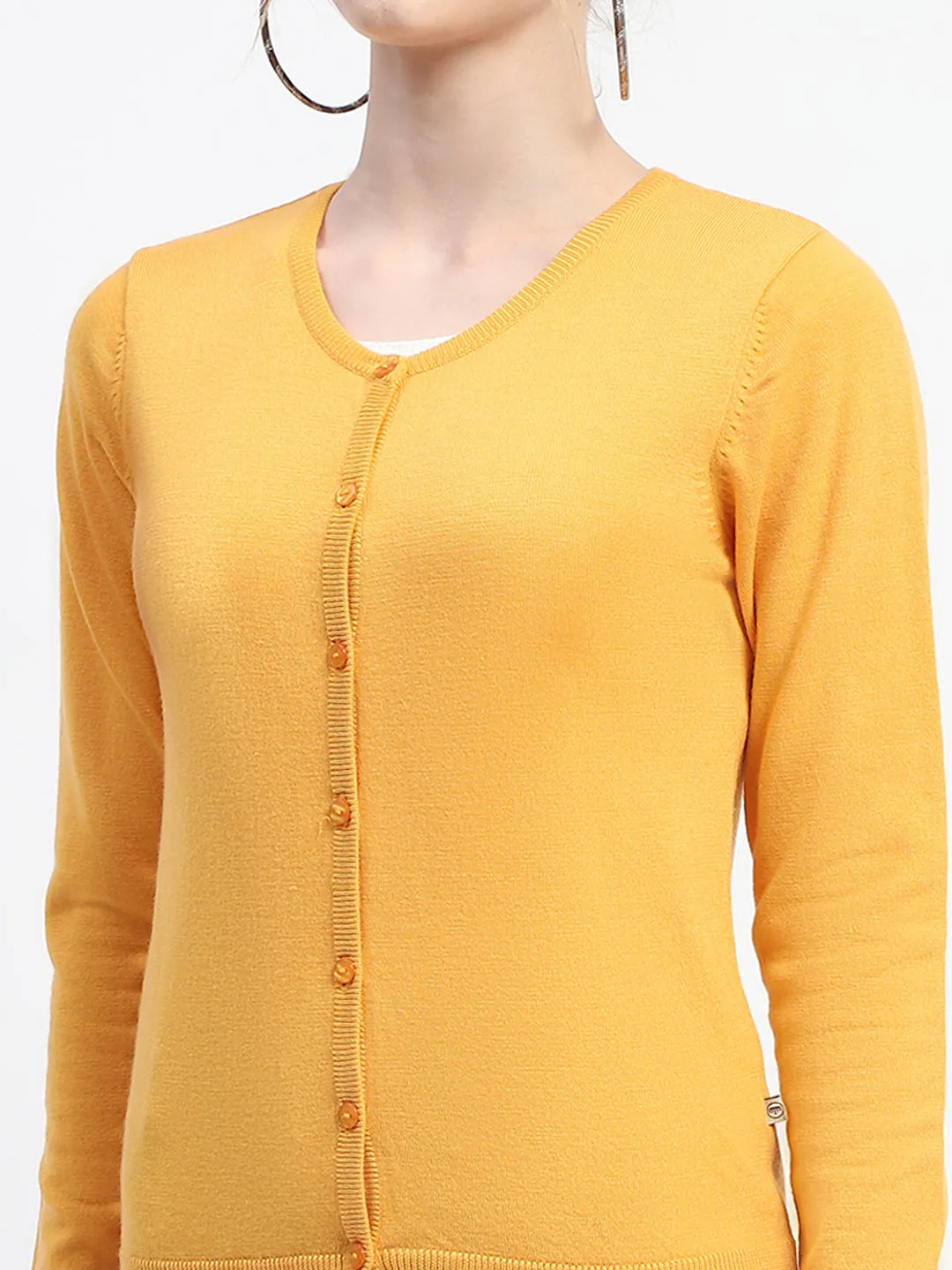 Madame Crew Neck Solid Mustard Yellow Button Down Full Sleeve Cardigan