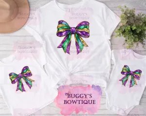 Mardi Gras "Glitter" Bow Sublimation/ DTF/ BLEACHED Shirts, Onesies, Sweatshirts- MULTIPLE COLORS