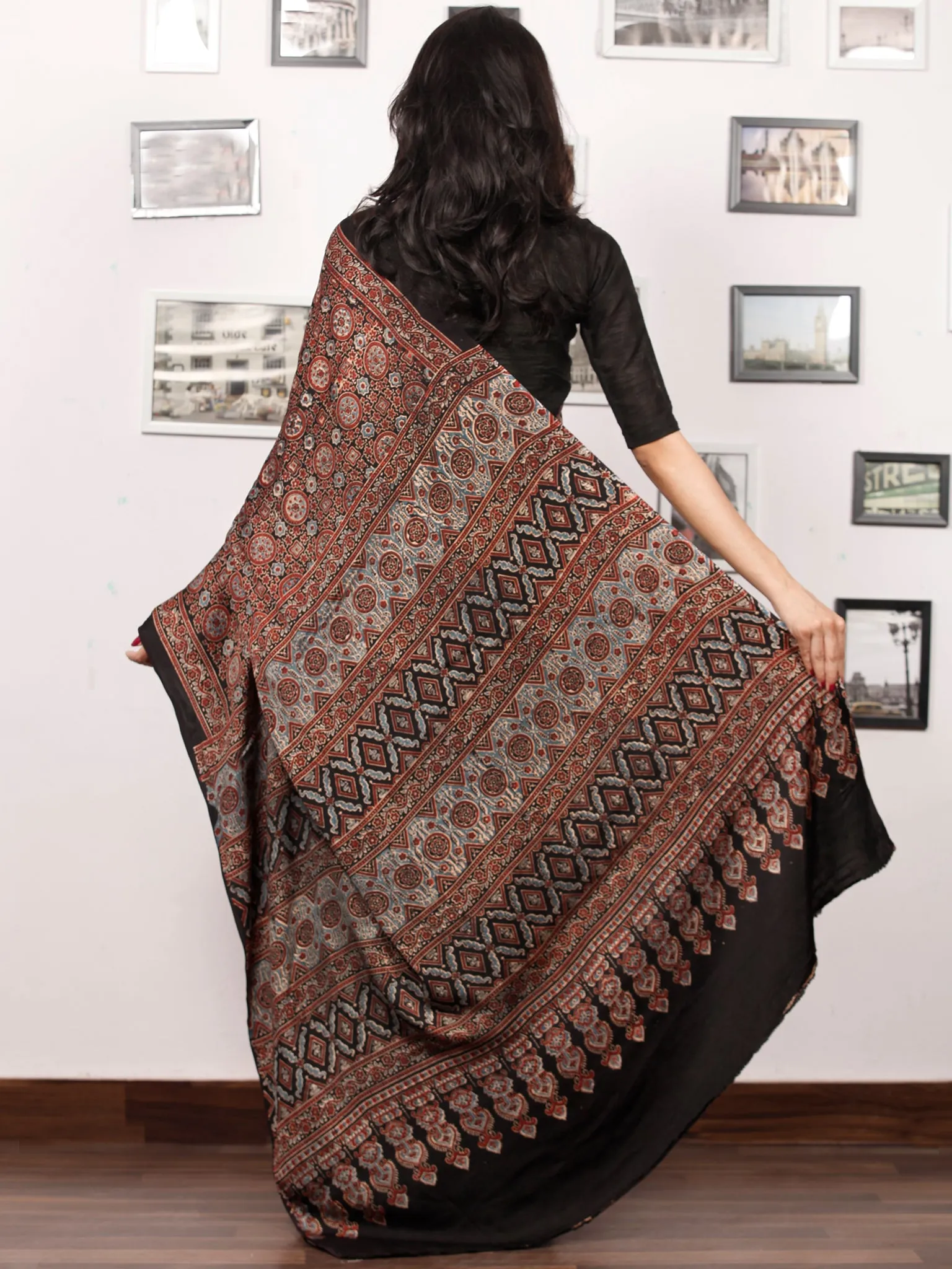 Maroon Black Indigo Ajrakh Hand Block Printed Modal Silk Saree in Natural Colors - S031703376