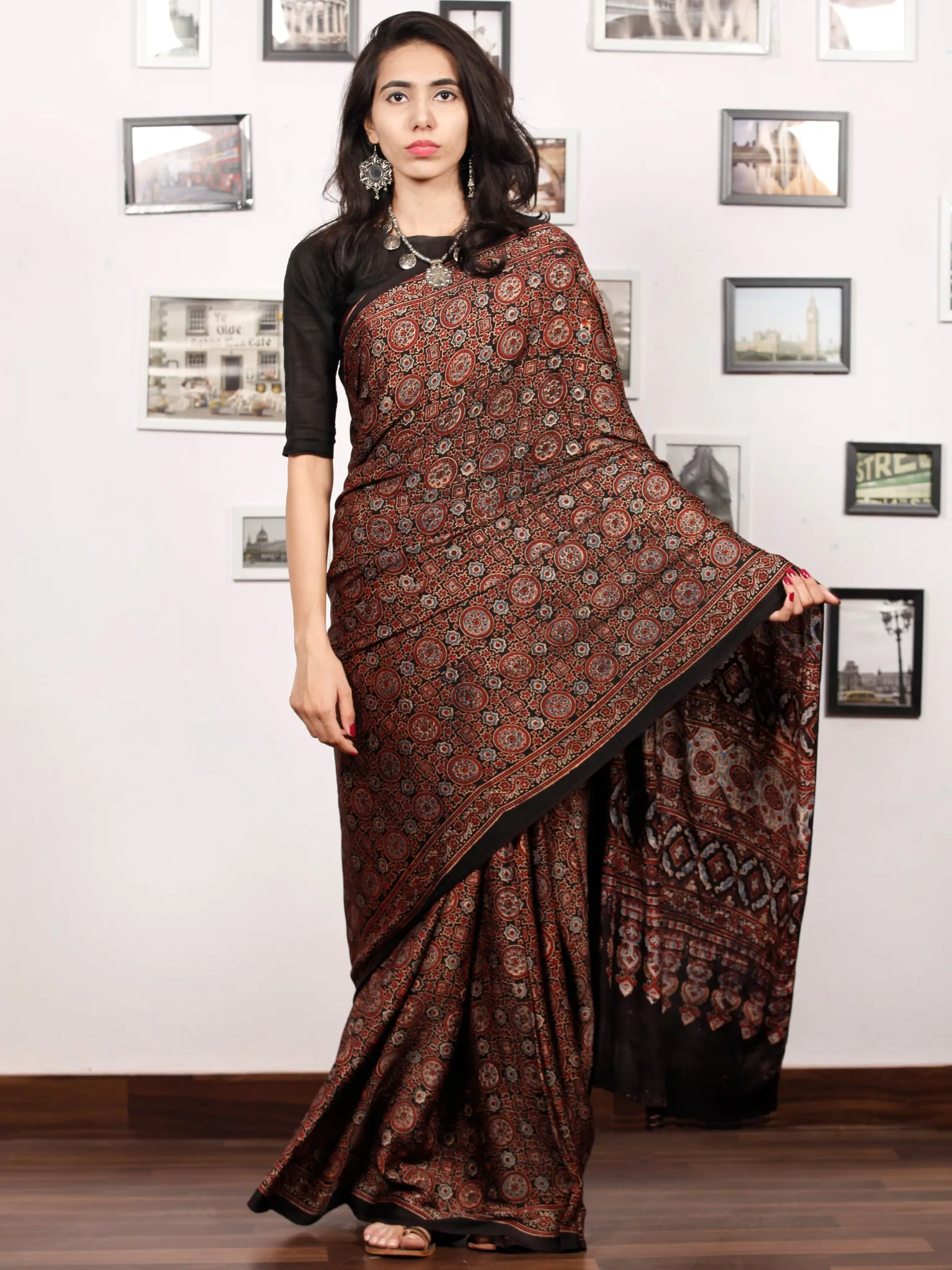 Maroon Black Indigo Ajrakh Hand Block Printed Modal Silk Saree in Natural Colors - S031703376