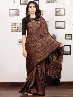 Maroon Black Indigo Ajrakh Hand Block Printed Modal Silk Saree in Natural Colors - S031703376