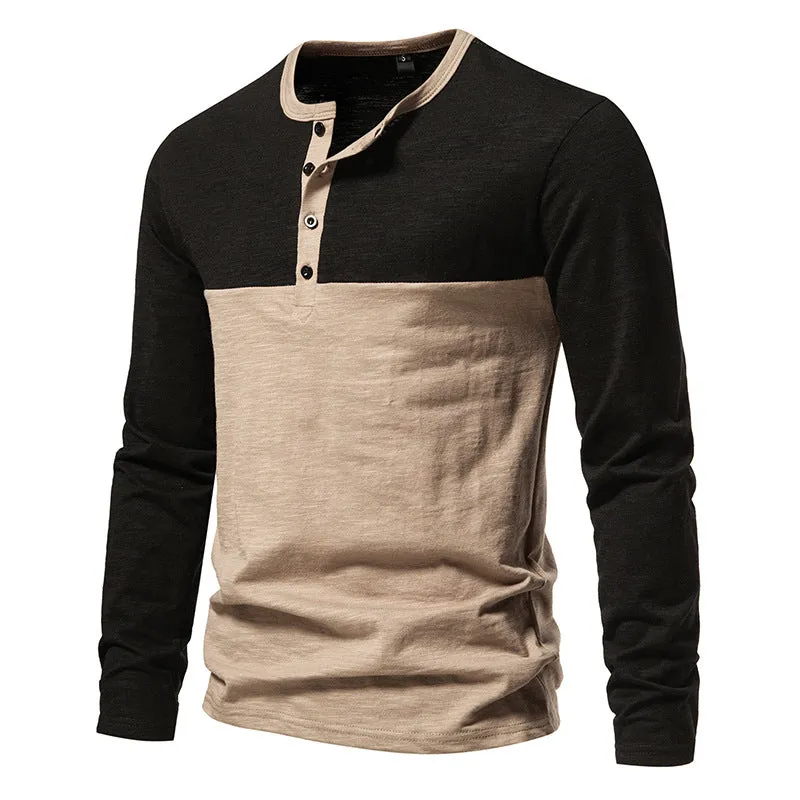 Men Crewneck Buttons Bicolor Long Sleeves T-Shirt