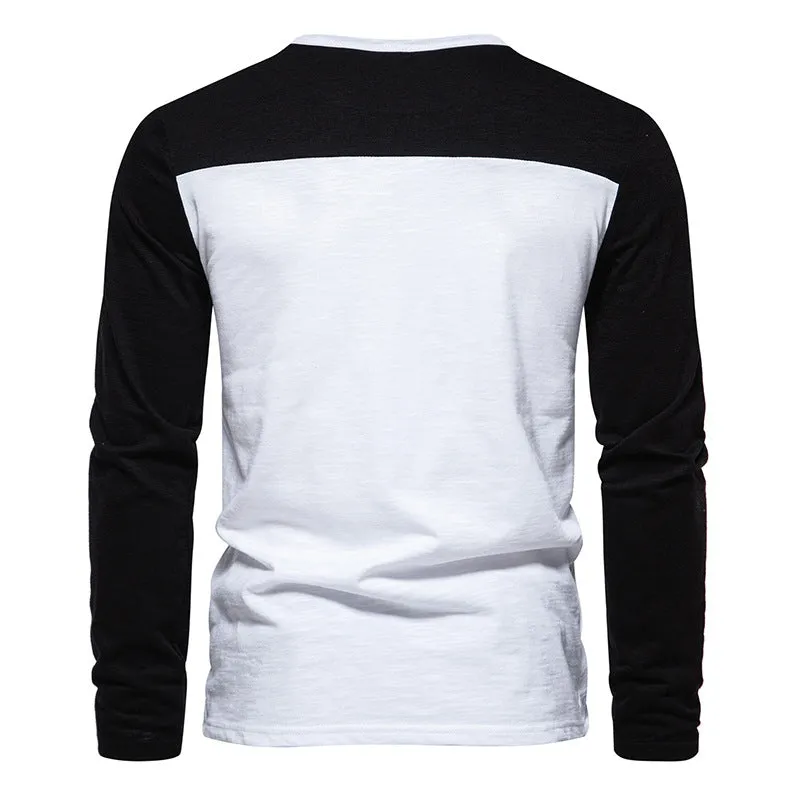 Men Crewneck Buttons Bicolor Long Sleeves T-Shirt