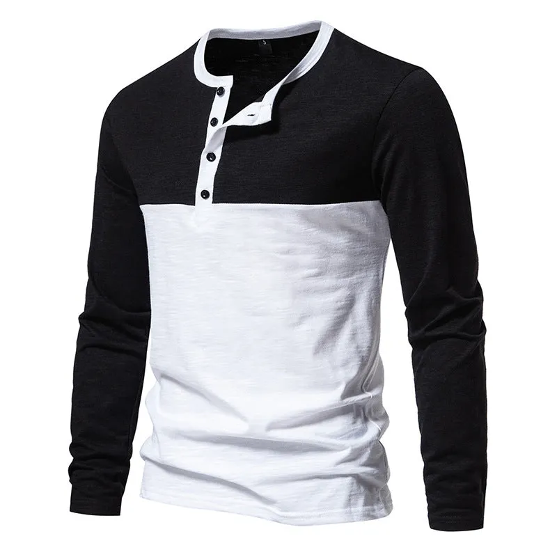 Men Crewneck Buttons Bicolor Long Sleeves T-Shirt