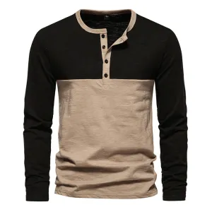 Men Crewneck Buttons Bicolor Long Sleeves T-Shirt