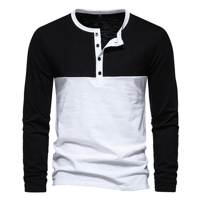 Men Crewneck Buttons Bicolor Long Sleeves T-Shirt