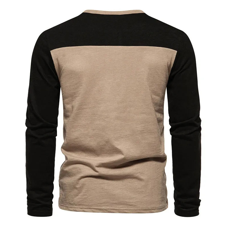 Men Crewneck Buttons Bicolor Long Sleeves T-Shirt