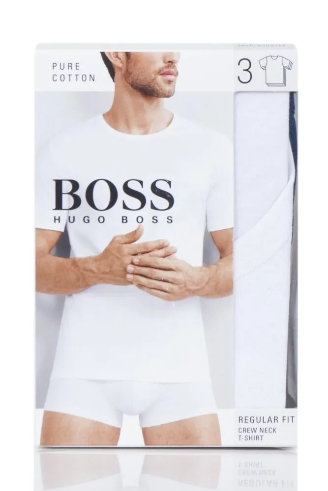 Mens 3 Pack BOSS Plain Cotton Stretch Round Neck T-Shirts