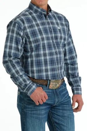 MENS BLUE PLAID LONG SLEEVE CINCH SHIRT