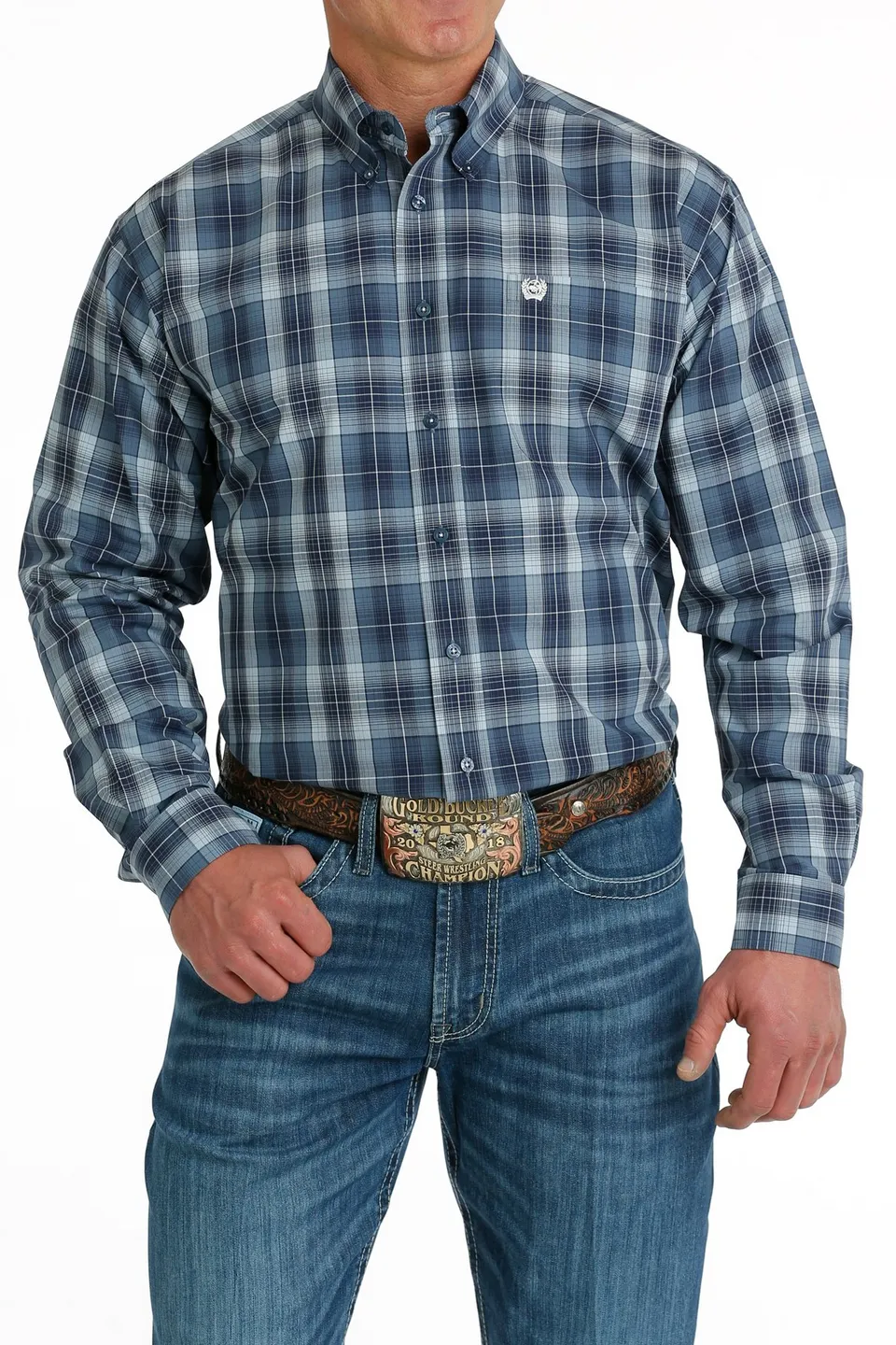 MENS BLUE PLAID LONG SLEEVE CINCH SHIRT