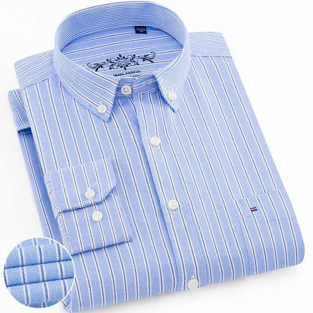 Men's Regular-Fit Long-Sleeve Shirt Sturdy Knit Oxford Plaid Striped Shirt