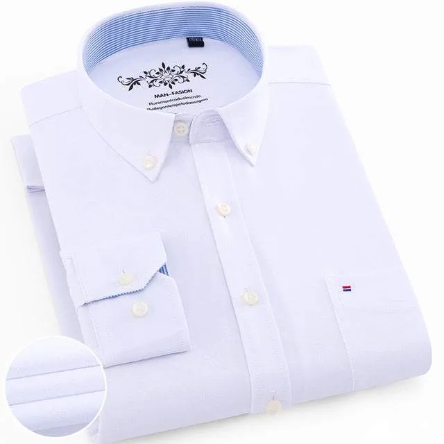 Men's Regular-Fit Long-Sleeve Shirt Sturdy Knit Oxford Plaid Striped Shirt