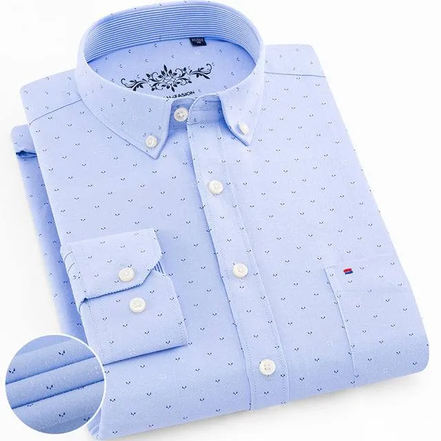 Men's Regular-Fit Long-Sleeve Shirt Sturdy Knit Oxford Plaid Striped Shirt