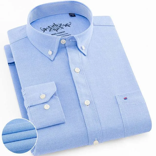 Men's Regular-Fit Long-Sleeve Shirt Sturdy Knit Oxford Plaid Striped Shirt