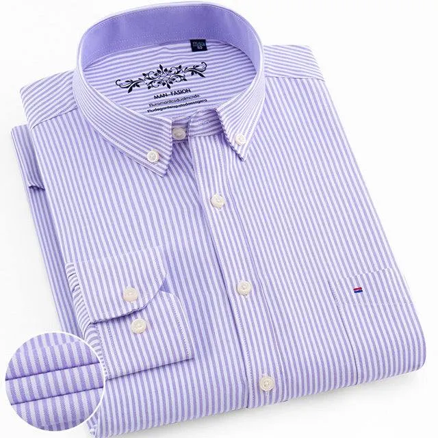 Men's Regular-Fit Long-Sleeve Shirt Sturdy Knit Oxford Plaid Striped Shirt