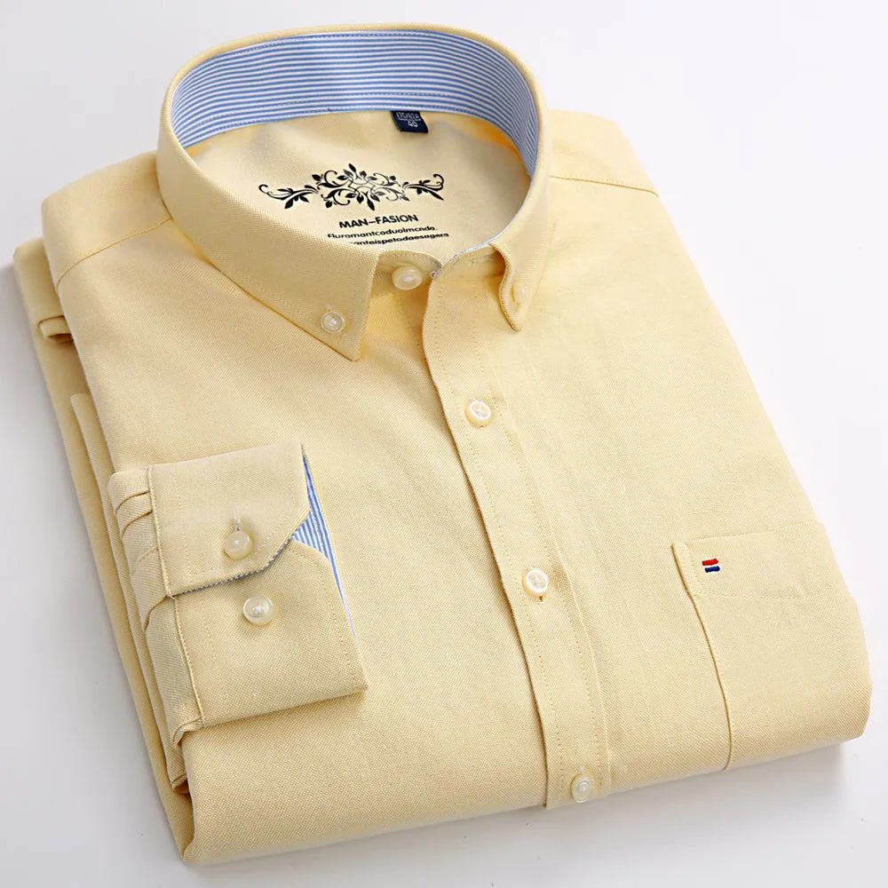 Men's Regular-Fit Long-Sleeve Shirt Sturdy Knit Oxford Plaid Striped Shirt
