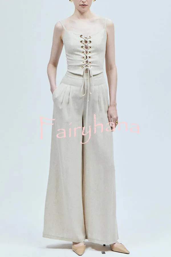 Mira Linen Blend Front Lace-up Slip Tank Top