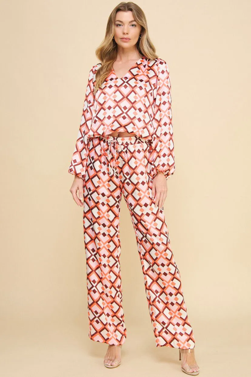 Mocha Blush Geo Silk Blouse