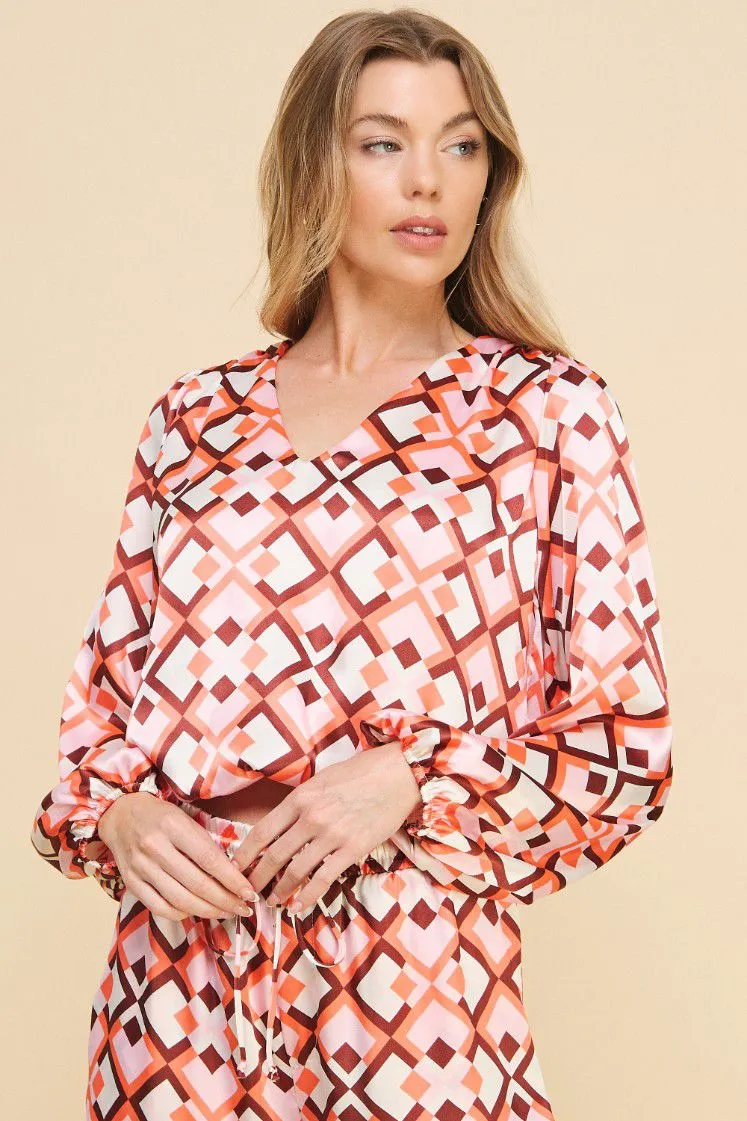 Mocha Blush Geo Silk Blouse